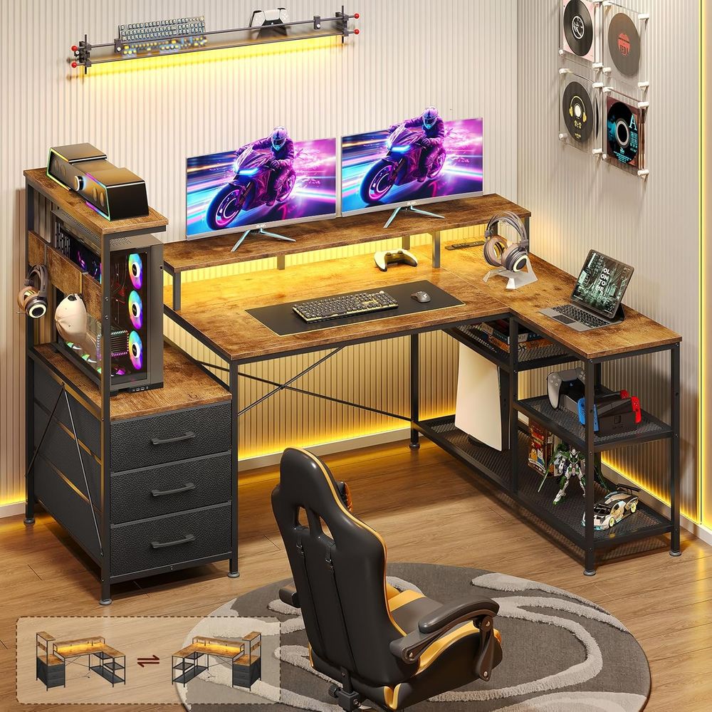 Monitor Stand - L-förmiger Gaming-Schreibtisch mit Schubladen, Stauraum, Steckdosen,