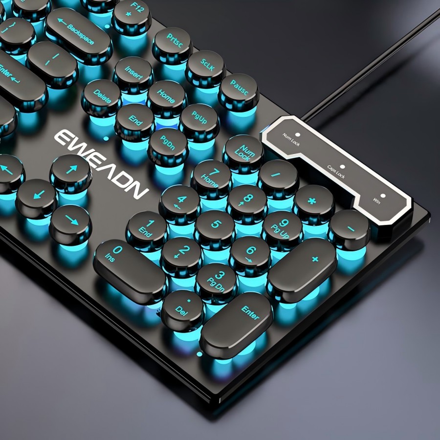 Pc Gaming Keyboard - EWEADN Schreibmaschinen-Gaming-Tastatur, 104-Tasten, runde Retro-Punk-Tastenkappen, blaue